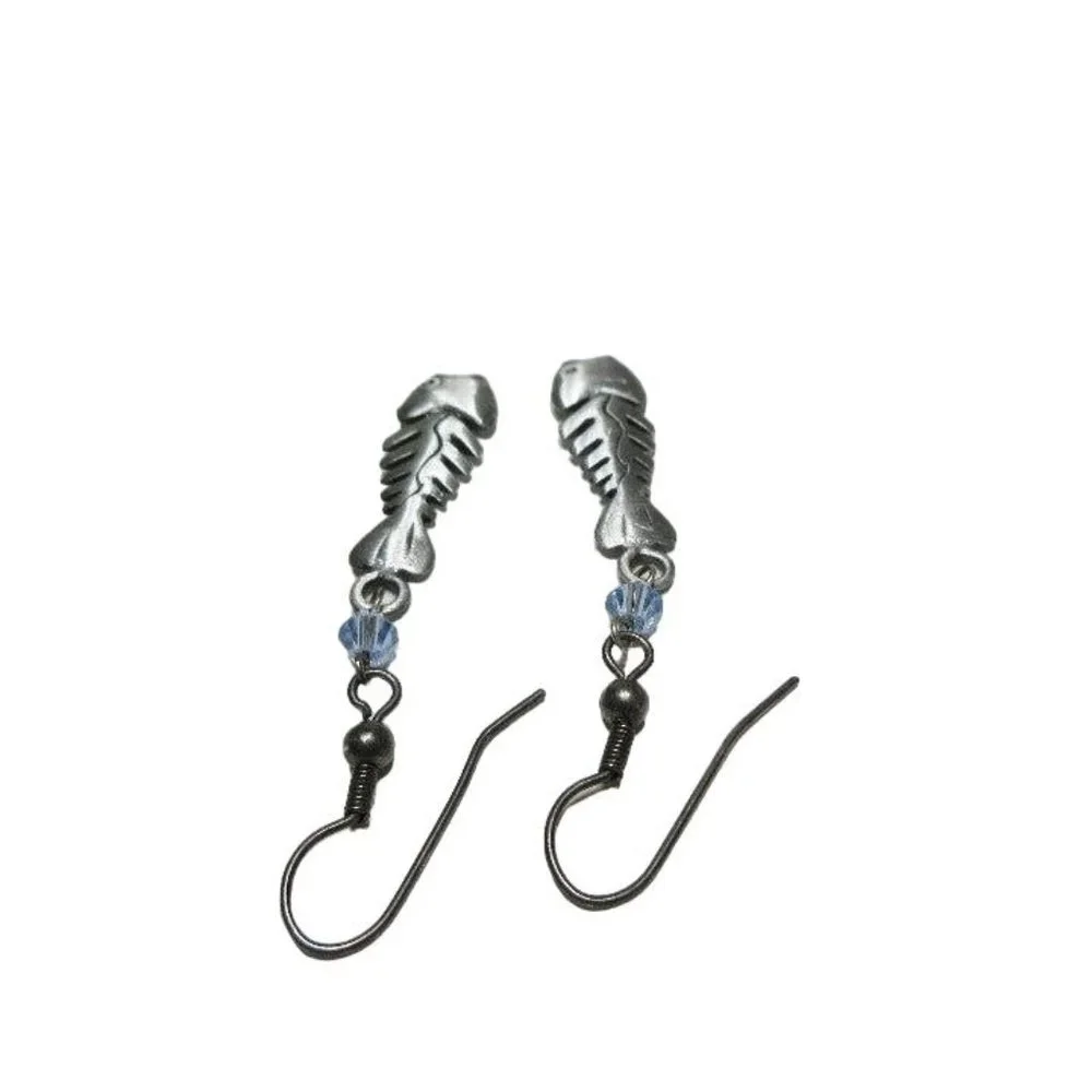 Silver Fishbone Drop Dangle Hook Earrings
